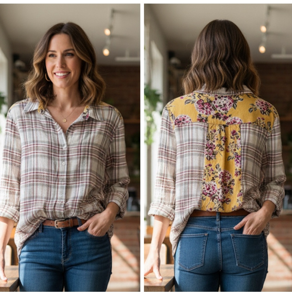 ODDI Plaid / Floral Button-Up Shirt- Large